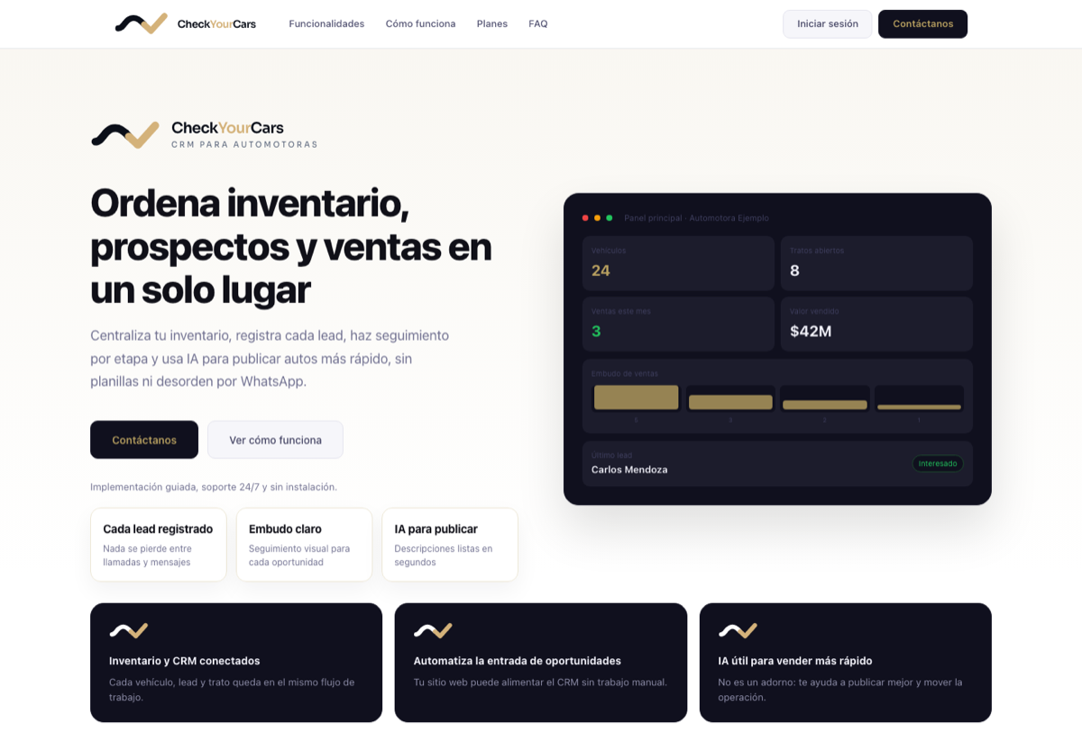 Captura del inicio de CheckYourCars con su propuesta de CRM para automotoras y una vista del panel
