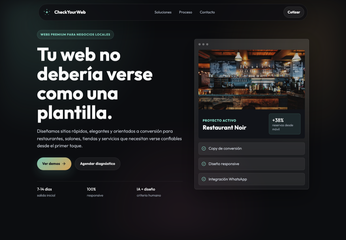 Captura del inicio de CheckYourWeb con su propuesta de sitios para negocios locales y una muestra de proyecto