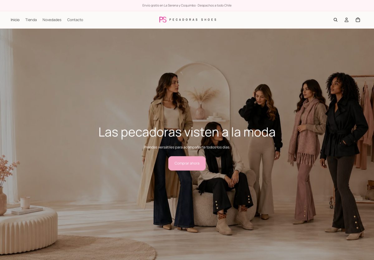 Captura del inicio de Pecadoras Shoes, con su navegación, condiciones de envío y portada de la colección