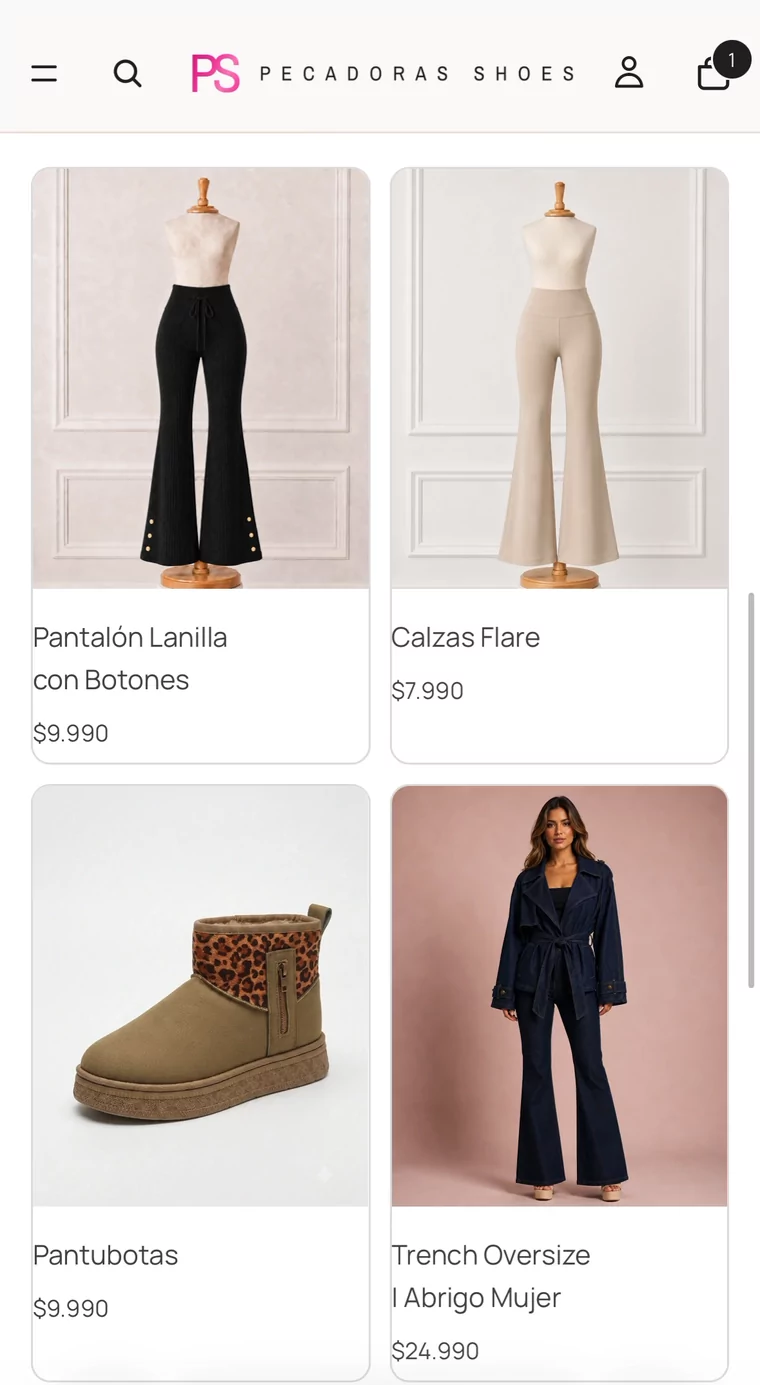 Listado de productos de la tienda en dos columnas, cada uno con su foto, su nombre y su precio