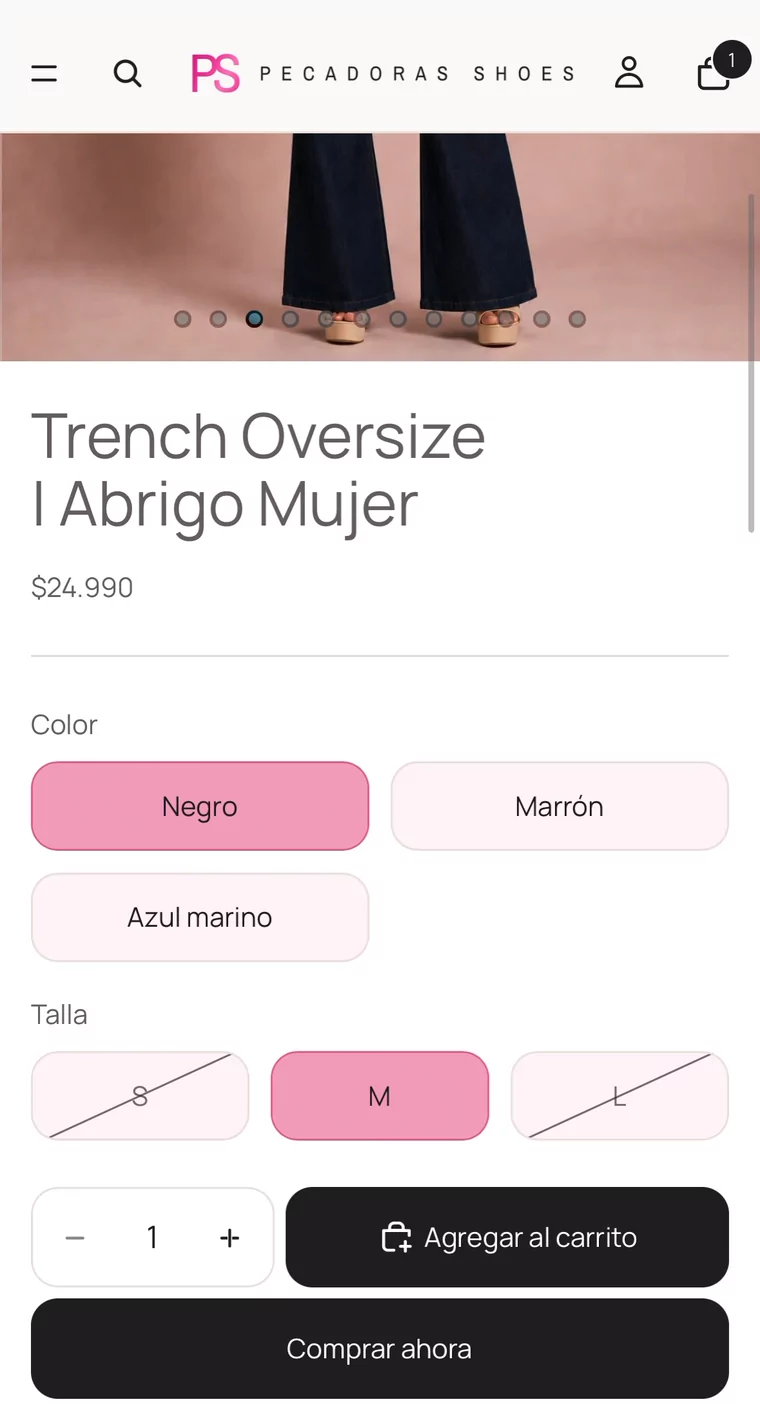 Ficha de producto con galería de fotos, precio, selector de color con tres opciones, selector de talla con las tallas agotadas tachadas, cantidad y los botones de agregar al carrito y comprar ahora