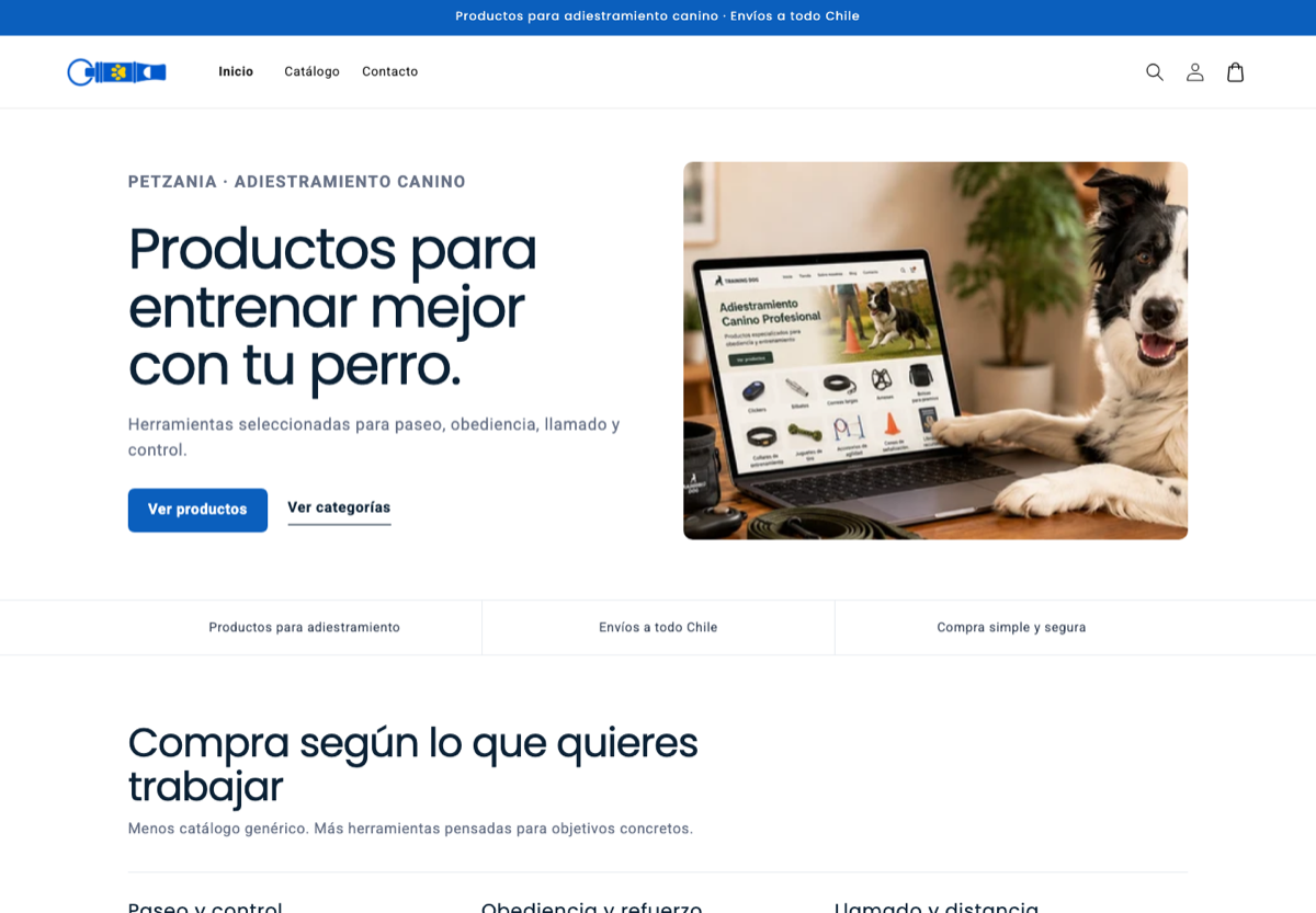 Captura del inicio de Petzania, con su propuesta de productos para adiestramiento canino y accesos al catálogo