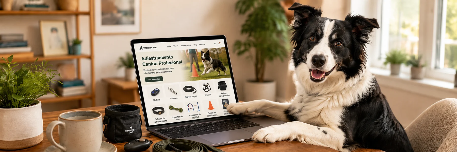 Portada de Petzania con el mensaje Productos para entrenar mejor con tu perro, botones para ver productos y categorías, y la imagen de un perro junto a un computador